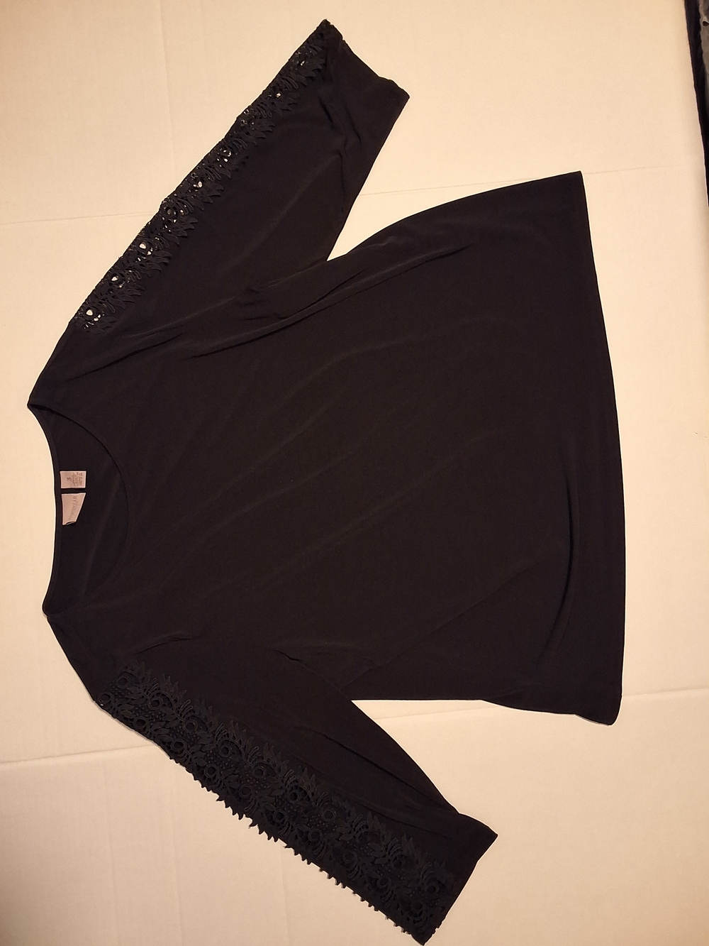 Chico's Black Long Sleeve Tee with Crochet Sleeve Detail
